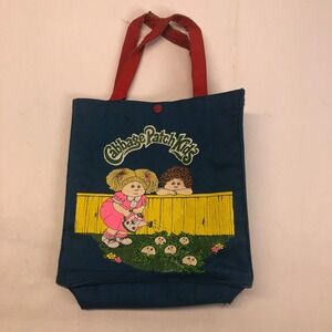 VTG Cabbage Patch Kids Blue Canvas Tote Bag Red Straps Button Close Garden Scene